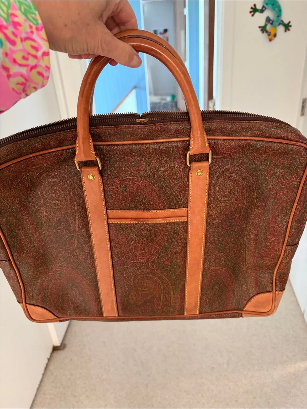 Leather-Trim Paisley Briefcase Bag in Brown